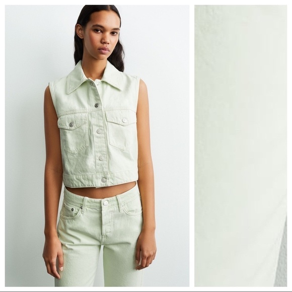 Zara Jackets & Blazers - NWT. Zara Apple Green Denim Cropped Vest. Size XS.